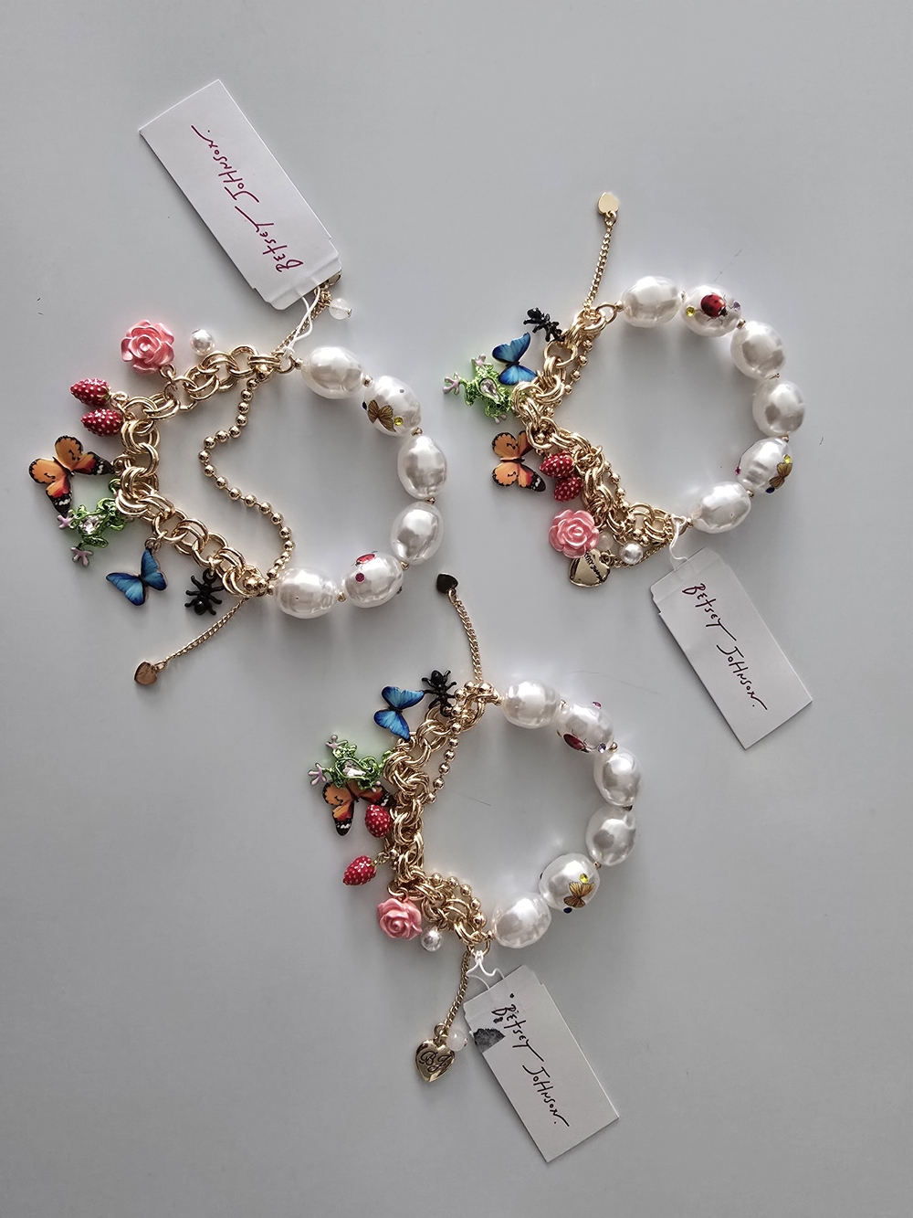 Betsey Johnson Pink & Pearl Charm Bracelet - Multicolor Floral Butterfly Accents